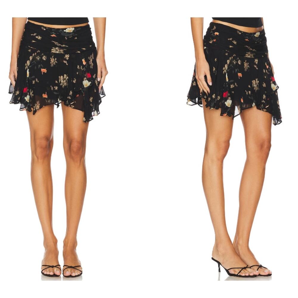 ALLSAINTS Erica Kora Asymmetric Hem Black Floral Tiered Mini Skirt Size 10 - Picture 2 of 13